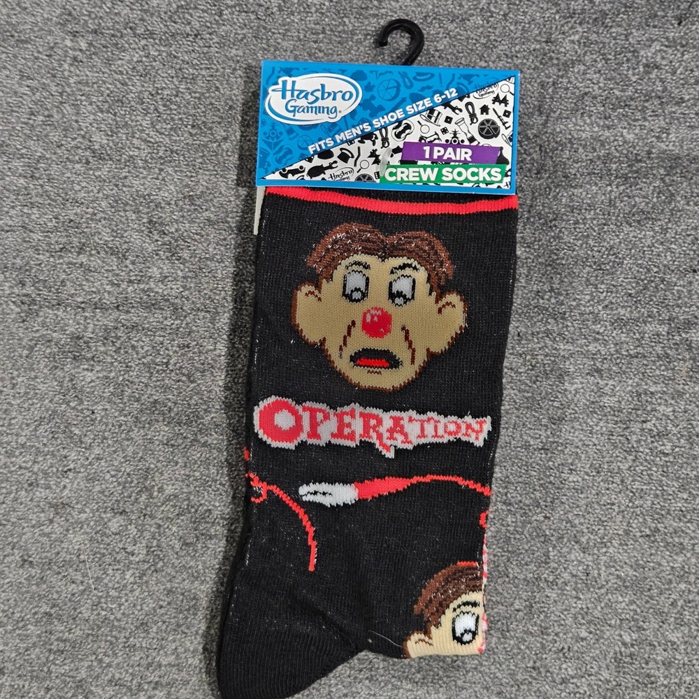 Hasbro Gaming Operation Board Game Crew Socks Mens Size 6-12 Black